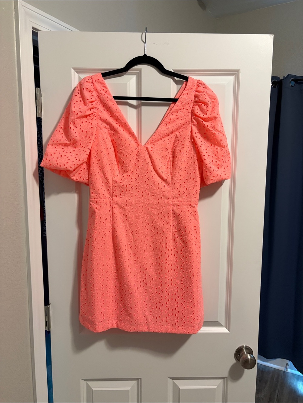 Neon Coral Eyelet Puff Sleeve Mini Dress